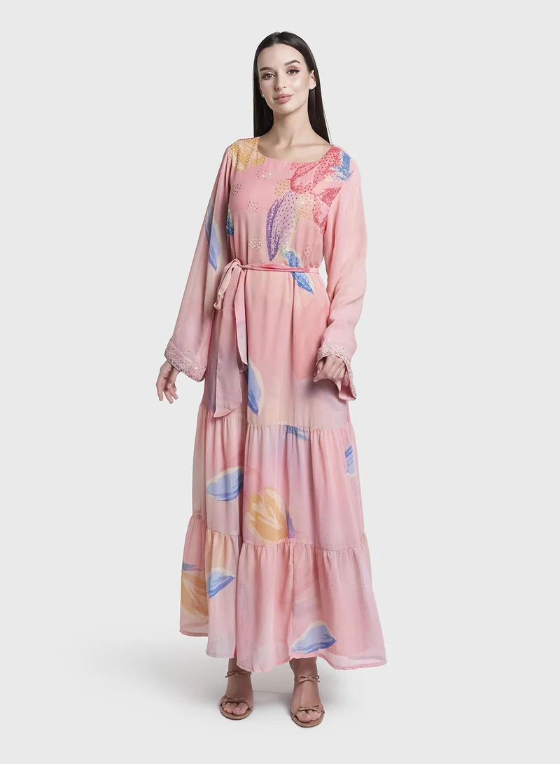 كشخة Peach Colour Leaf Print Hand Work Chiffon Long Dress (VDX21)