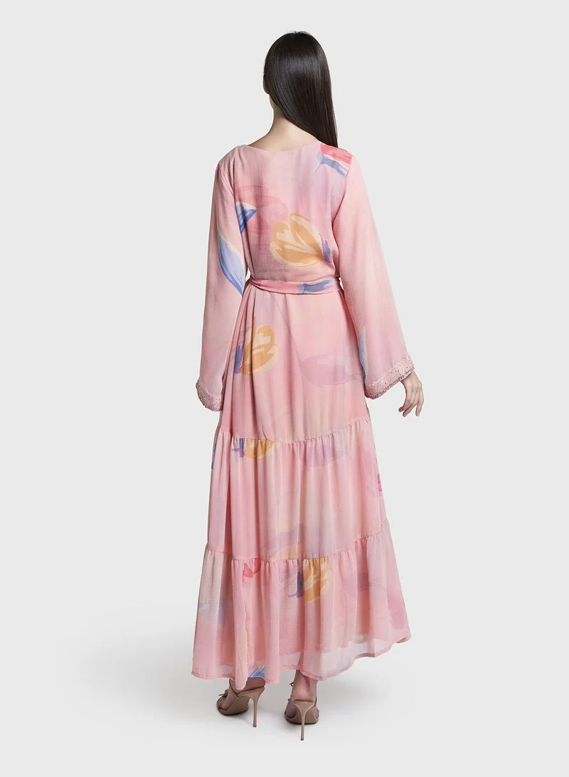 Kashkha  Peach Colour Leaf Print Hand Work Chiffon Long Dress (VDX21) for Women | Best Price UAE