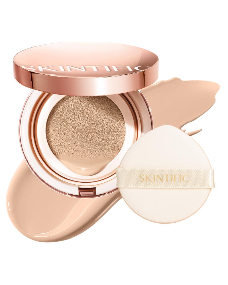 SKINTIFIC كوشن فاونديشن من سكينتيفيك | تغطية كاملة، خفيف الوزن، ملائم للبشرة، لمسة ساتان متألقة، فاونديشن مقاوم للزيوت وماء، كريم بي بي سي سي خالي من العيوب، مكياج كوري - Image 1