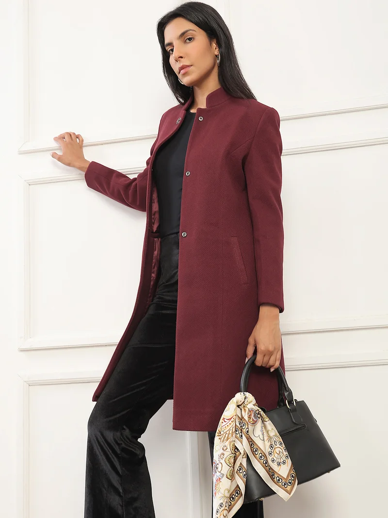 Globus Women Red Mock Collar Long Sleeves Striped Self Design 2 Pockets Knee Length Winterwear Overcoat