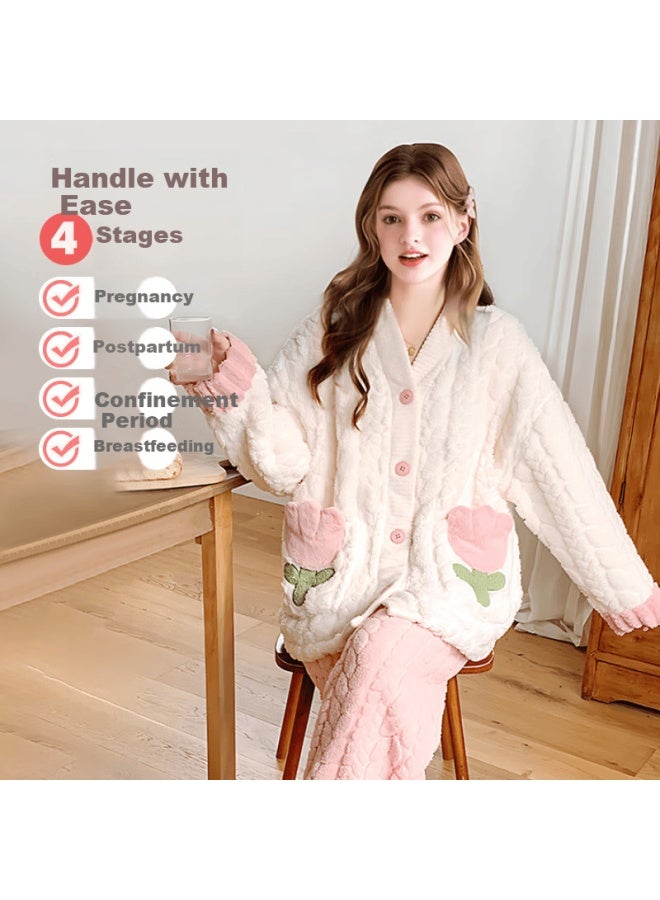 9i9 Maternity Wear Winter Fleece-lined Thick Nursing Pajamas For Postpartum Women, Home Loungewear Two-piece Set A127 - Image 1