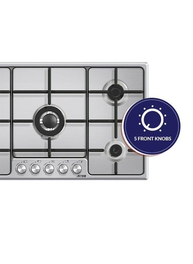 Arrow 90 cm Built-In Gas Hob | 5 Gas Burners with Euro Pool Type & SABAF Burners | Front Knobs | Safety Device | Wide Cast Iron Grids | Inox Panel | Model Name: RO-90BHGK - Image 4