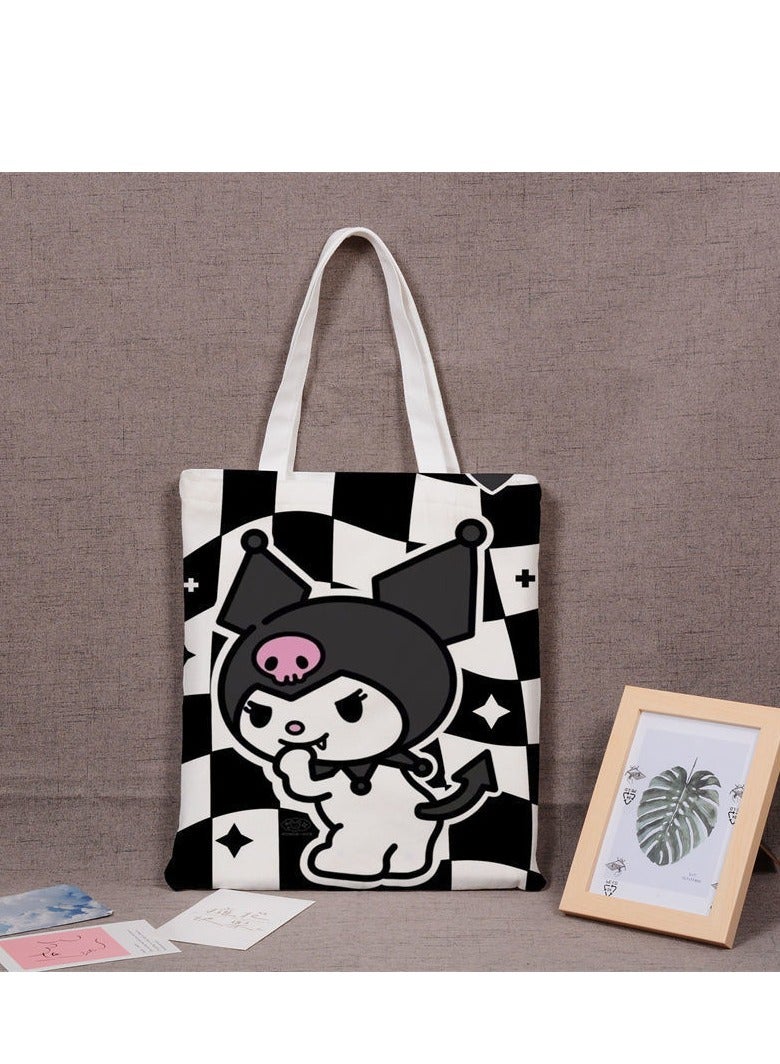 Cartoon Sanrio Kuromi pattern canvas tote bag, student class bag handbag, reusable beautiful environmentally friendly bag, book shopping groceries cotton cute handbag