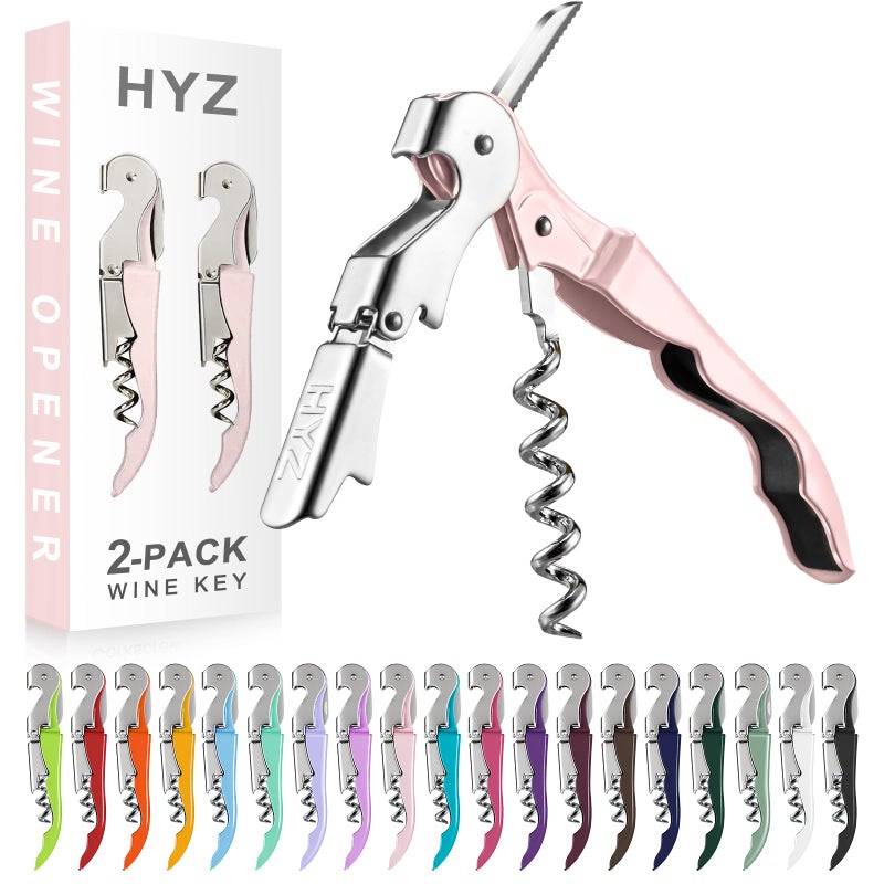 HYZ 2-Pack Wine Opener Waiter Corkscrew, Professional Wine Key for Servers, Bartender with Foil Cutter, Manual Wine Bottle Opener Double Hinged (Pink) - Image 1