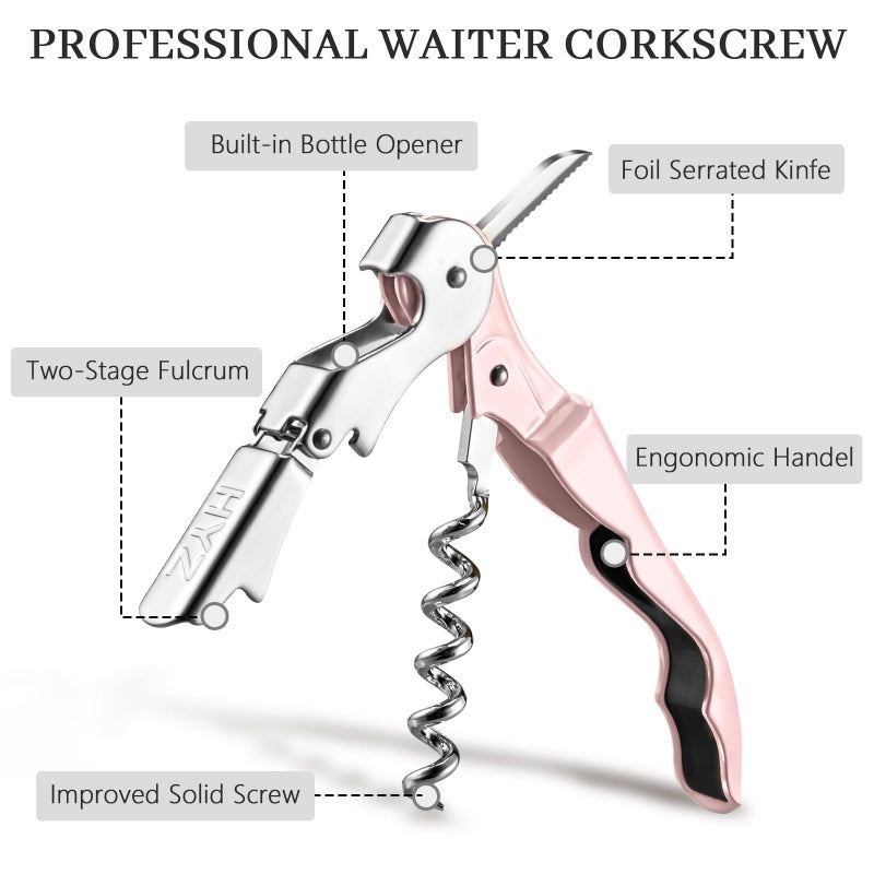 HYZ 2-Pack Wine Opener Waiter Corkscrew, Professional Wine Key for Servers, Bartender with Foil Cutter, Manual Wine Bottle Opener Double Hinged (Pink) - Image 2