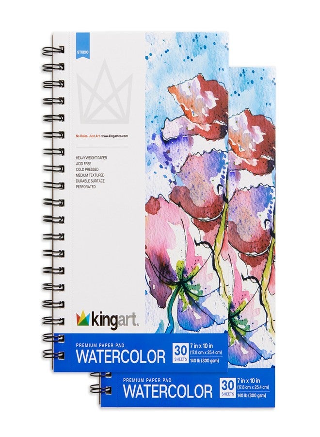 KINGART Cold-Pressed Watercolor Paper Pad Set – 7x10 Inch, 2-Pack – 30 Sheets Each (140 lb / 300 GSM), Heavyweight Dual-Sided Paper – Spiral-Bound Media Pads - Image 1