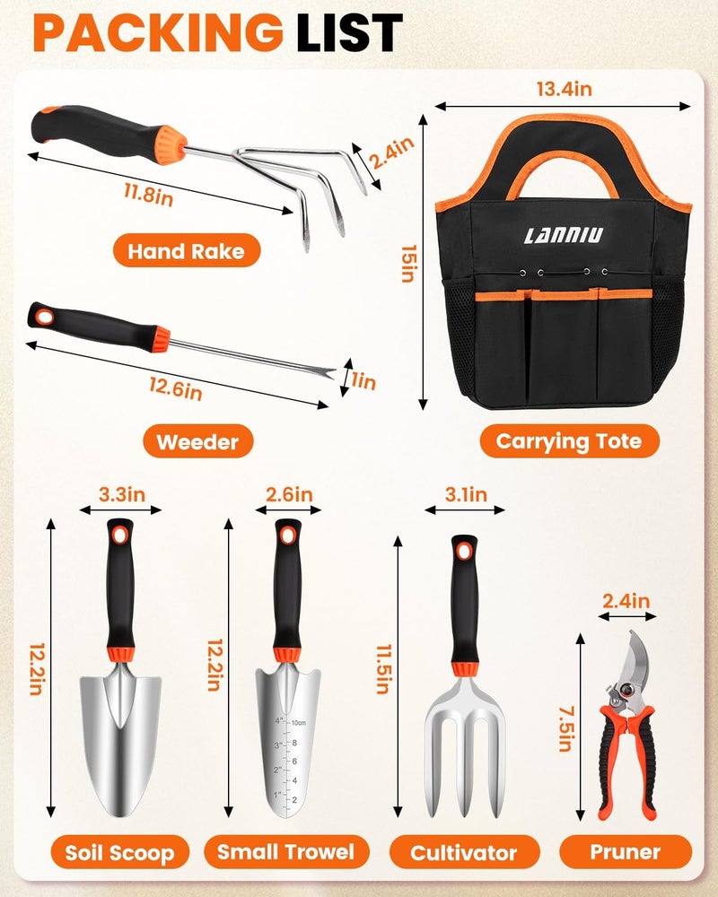 LANNIU Garden Tool Set, 7 Piece Stainless Steel Heavy Duty Gardening Tool Set, with Non-Slip Rubber Grip, Storage Pocket, Ideal Garden Tool Kit Gift for Women/Parent (7-Piece Set) - Image 2
