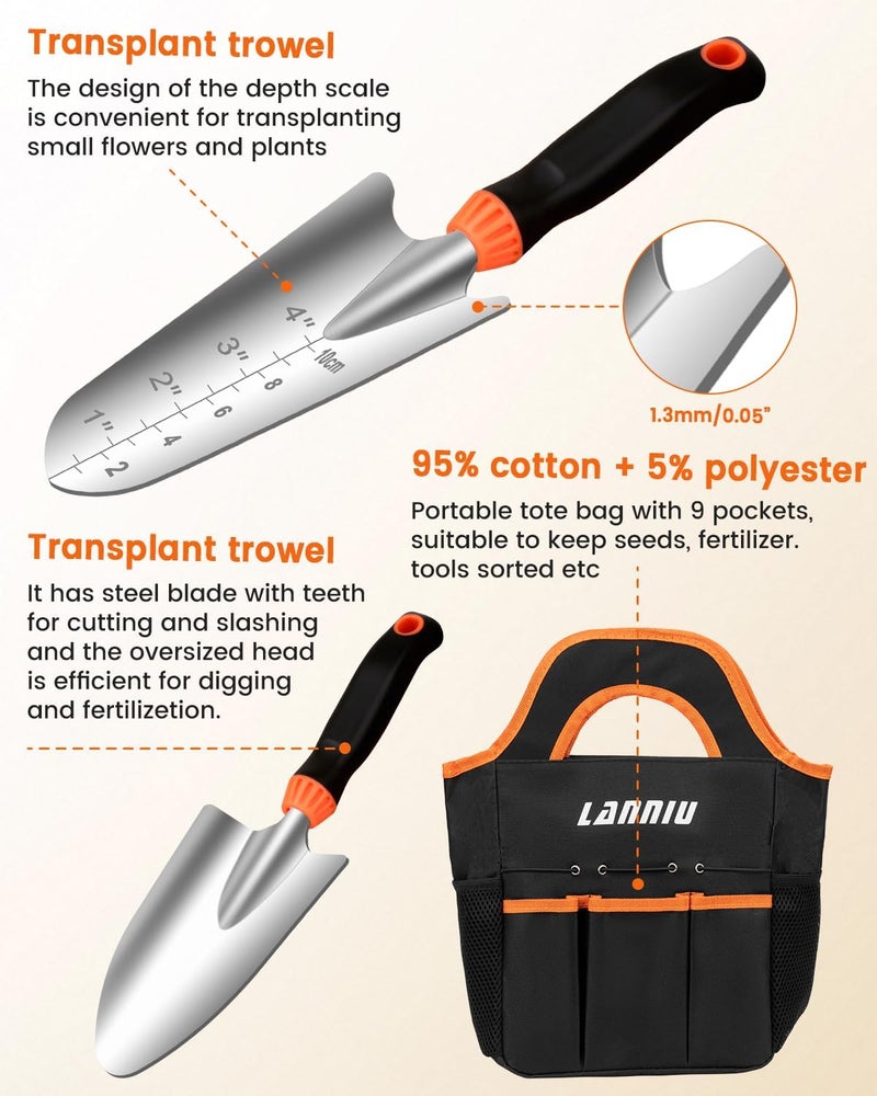 LANNIU Garden Tool Set, 7 Piece Stainless Steel Heavy Duty Gardening Tool Set, with Non-Slip Rubber Grip, Storage Pocket, Ideal Garden Tool Kit Gift for Women/Parent (7-Piece Set) - Image 4
