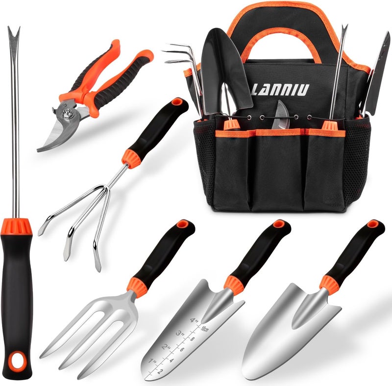 LANNIU Garden Tool Set, 7 Piece Stainless Steel Heavy Duty Gardening Tool Set, with Non-Slip Rubber Grip, Storage Pocket, Ideal Garden Tool Kit Gift for Women/Parent (7-Piece Set) - Image 1
