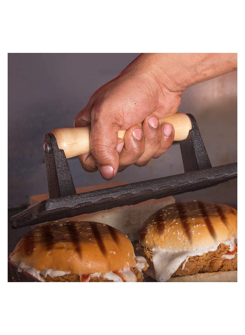 RADICALn RADICALn Burger Press Rectangle Heavy Cast Iron With Wooden Handle For Kitchen Sandwich And Grill Accessories  - Image 3
