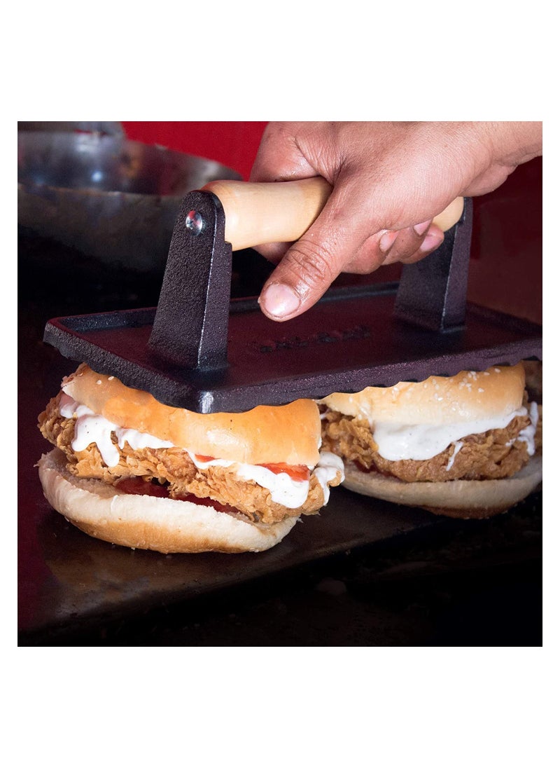 RADICALn RADICALn Burger Press Rectangle Heavy Cast Iron With Wooden Handle For Kitchen Sandwich And Grill Accessories  - Image 4