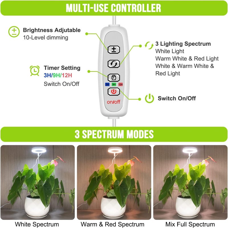 مصباح نبات Kullsinss LED كامل الطيف، 48 مصباح LED، مصباح نبات صغير قابل لتعديل الارتفاع مع قاعدة قابلة للإزالة، مؤقت تلقائي، 10 مستويات سطوع، 3 أوضاع إضاءة، مثالي لنمو النباتات - Image 3