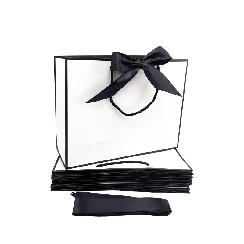 TKSBAG 12PCS Gift Bags Medium Size with Handles, 12.5 x 9.8 x 4.3 In White Black Thank You Bags with Bow Ribbon for Wedding, Birthday, bridesmaid, Groomsmen, Party Favors, Valentine - Image 1