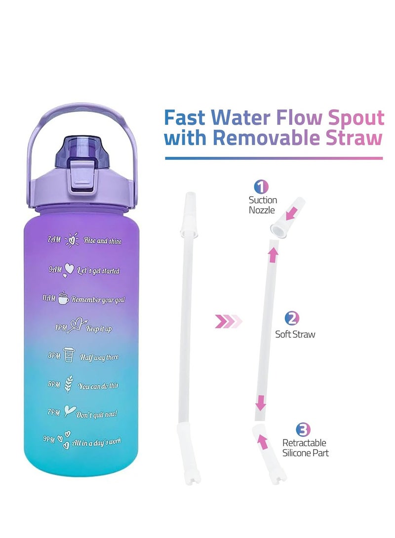 روییيس زجاجة مياه 2 لتر زجاجات مياه تحفيزية مع أوقات للشرب، إبريق ماء نصف جالون بمقبض وقش قابل للإزالة، خالية من مادة BPA ومضادة للتسرب للرياضات واللياقة البدنية في الهواء الطلق - Image 2