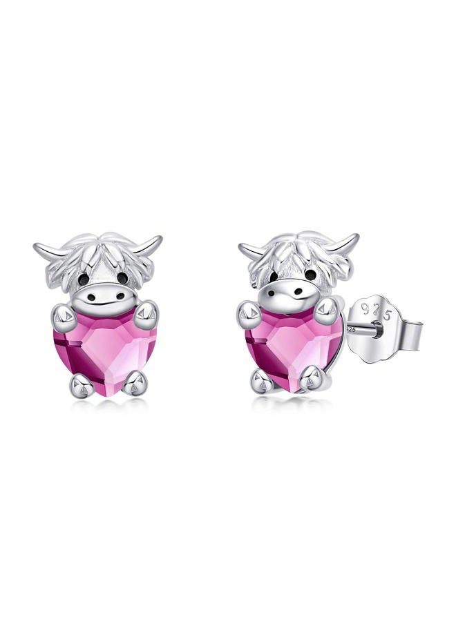 JUSTKIDSTOY Highland Cow Earrings 925 Sterling Silver Birthstone Earrings Cute Animal Cow Stud Earrings Jewelry Birthday Gifts for Women Girls Daughter Girlfriend - Image 1
