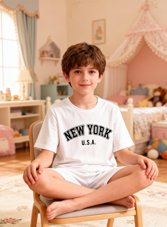 Take Two Boys White Graphic Print T-Shirt And Shorts Pyjama Set - Image 1
