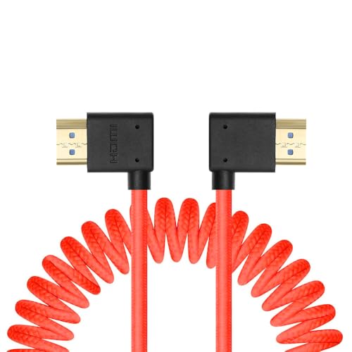 Uonecn Left Angle to Right Angle HDMI 2.1 Cable for Atomos Ninja V, Portkeys BM5, 48Gbps 8K Braided Coiled HDMI Cord for Sony A7iv, Z-CAM F6, Z-Cam E2 Pro Cameras Red 30-50cm(12in-19.7in) - Image 1
