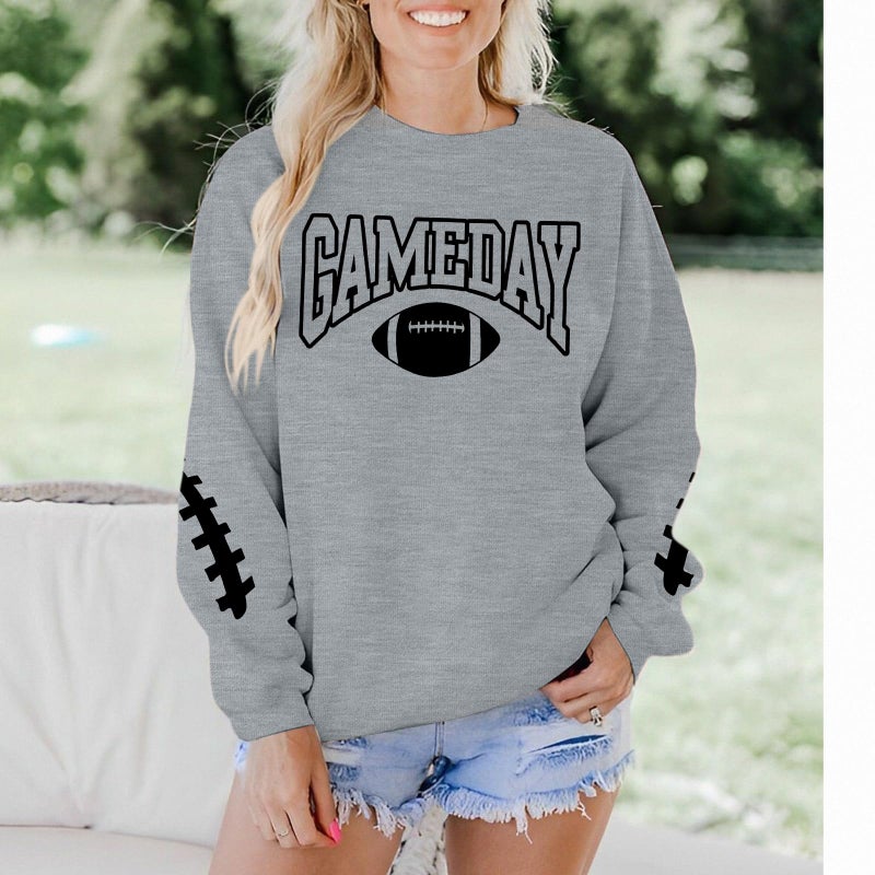 FAYALEQ Game Day Sweatshirts Women Football Sweatshirt Football Rugby T-Shirts Casual Game Day Fan Pullover Top Grey - Image 3