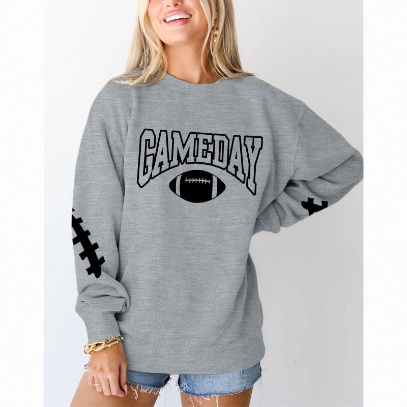 FAYALEQ Game Day Sweatshirts Women Football Sweatshirt Football Rugby T-Shirts Casual Game Day Fan Pullover Top Grey - Image 4