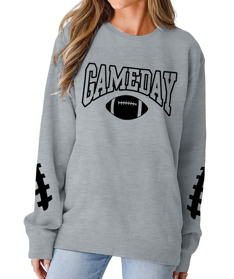 FAYALEQ Game Day Sweatshirts Women Football Sweatshirt Football Rugby T-Shirts Casual Game Day Fan Pullover Top Grey - Image 2