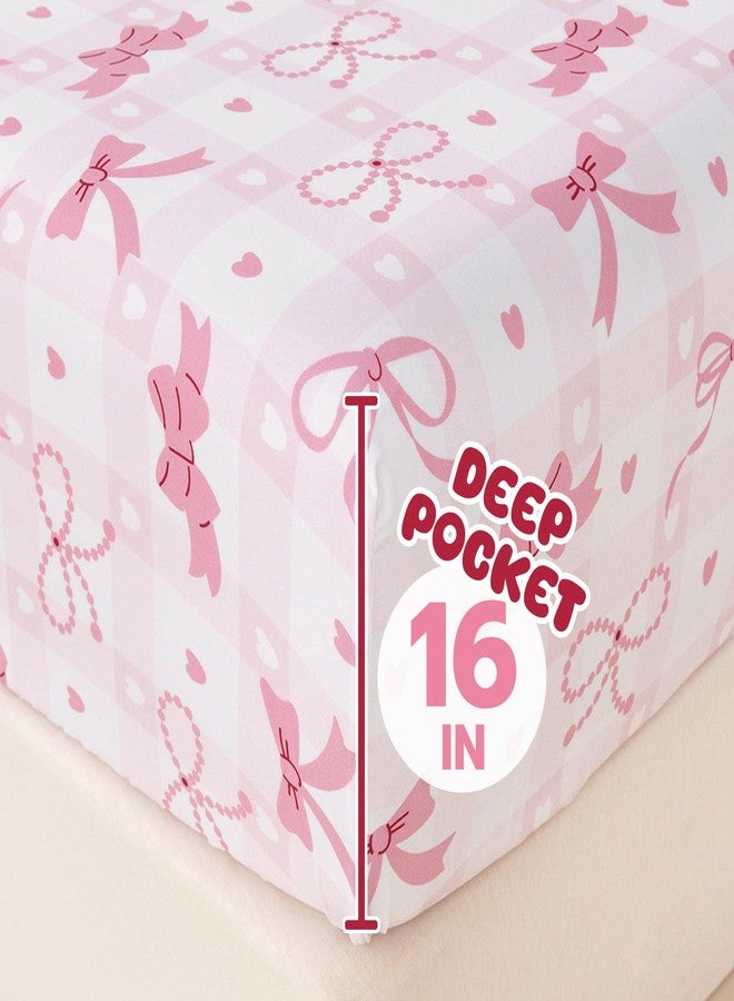 Homilay Twin Sheets Set Kids - 3 Piece Pink Bow Sheets for Boys, Girls, Teens, Toddler, Easy Fit Deep Pockets, Breathable, Wrinkle-Free, Cozy Soft Cartoon Print Cute Bed Sheets - Image 2
