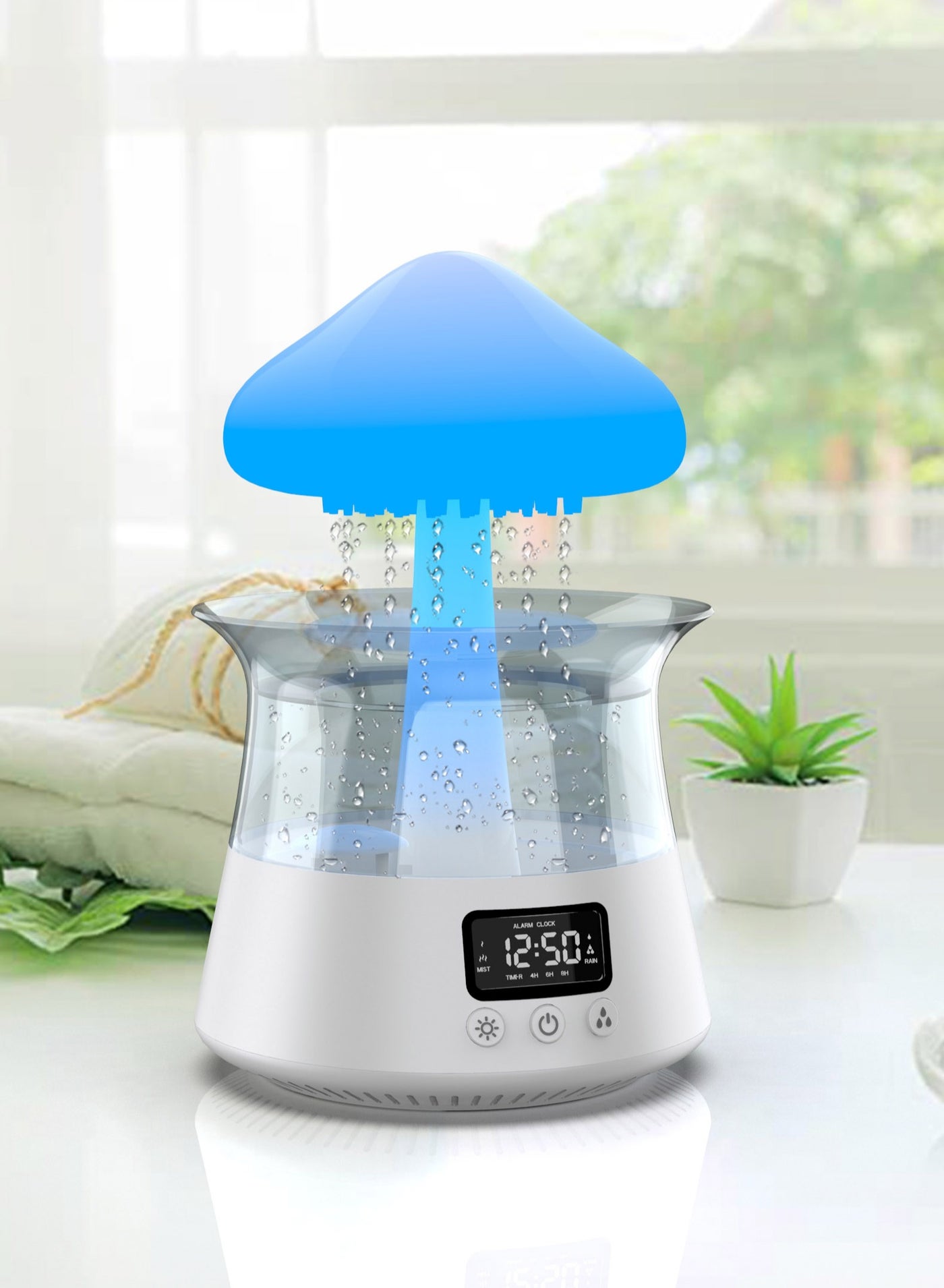 Rain Cloud Humidifier and Diffuser | 5 in 1 Multi-Functional Mushroom Rain Humidifier with Alarm Clock, 7 Colors Cloud RGB Night Light, Relaxing Rain Water Drop Sound Humidifier for Home Decor