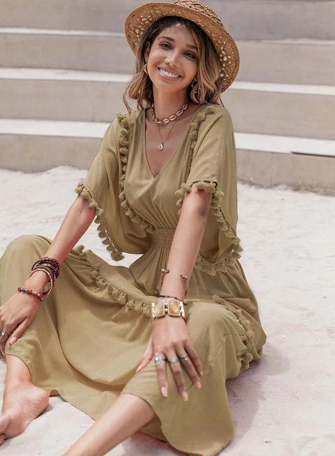 Take Two Take Two Smocked Waist V-Neck Maxi Dress with Tassels Detail