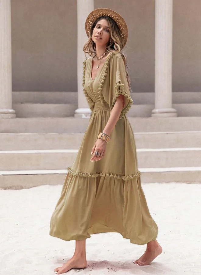 Take Two Take Two Smocked Waist V-Neck Maxi Dress with Tassels Detail