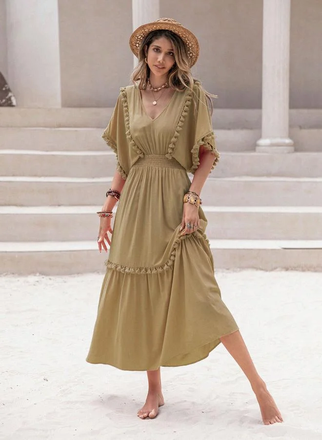 تايك تو Take Two Smocked Waist V-Neck Maxi Dress with Tassels Detail