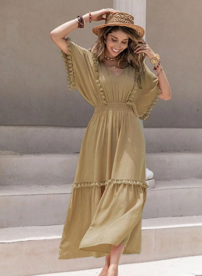 Take Two Take Two Smocked Waist V-Neck Maxi Dress with Tassels Detail