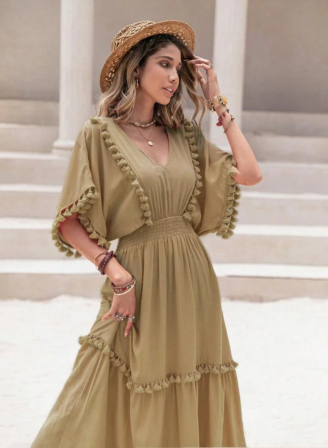 Take Two Take Two Smocked Waist V-Neck Maxi Dress with Tassels Detail