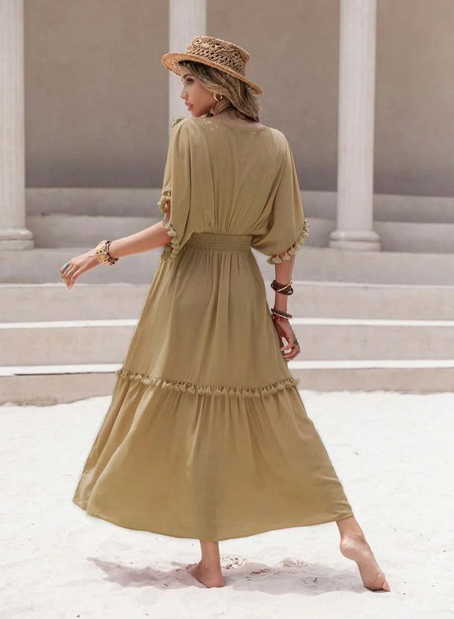 تايك تو Take Two Smocked Waist V-Neck Maxi Dress with Tassels Detail