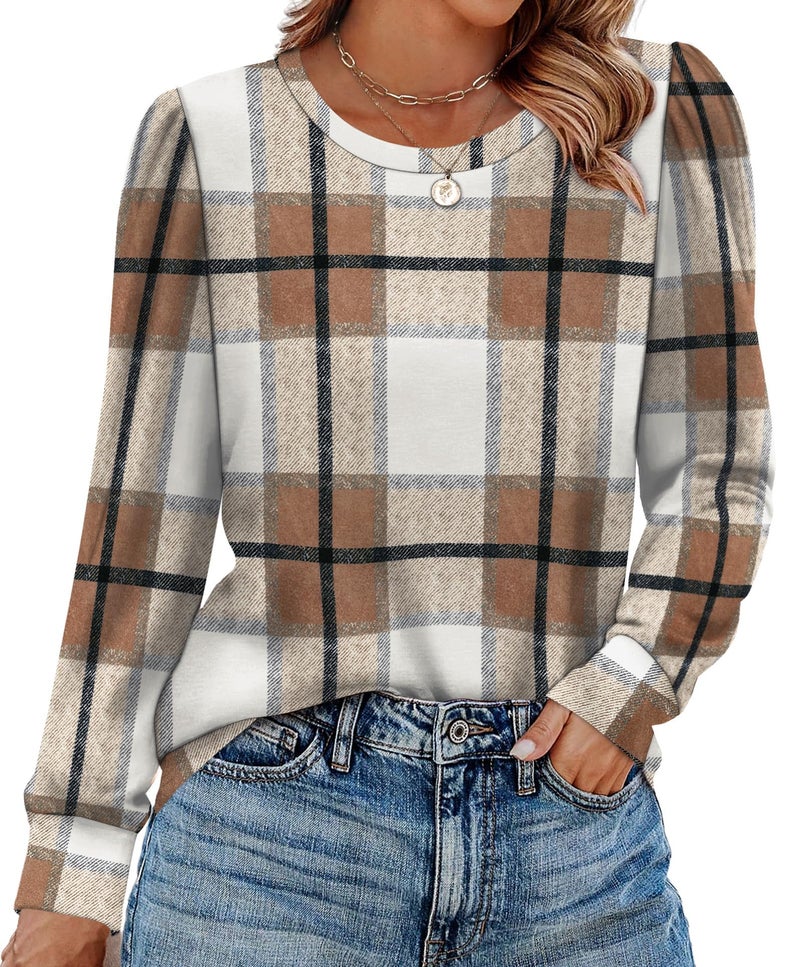 Alaroo Plaid Shirts Women Long Sleeve Tops Fall Fashion Outfits Basic Crewneck Sweatshirts Casual Clothes 2025 Print 1 M - Image 2