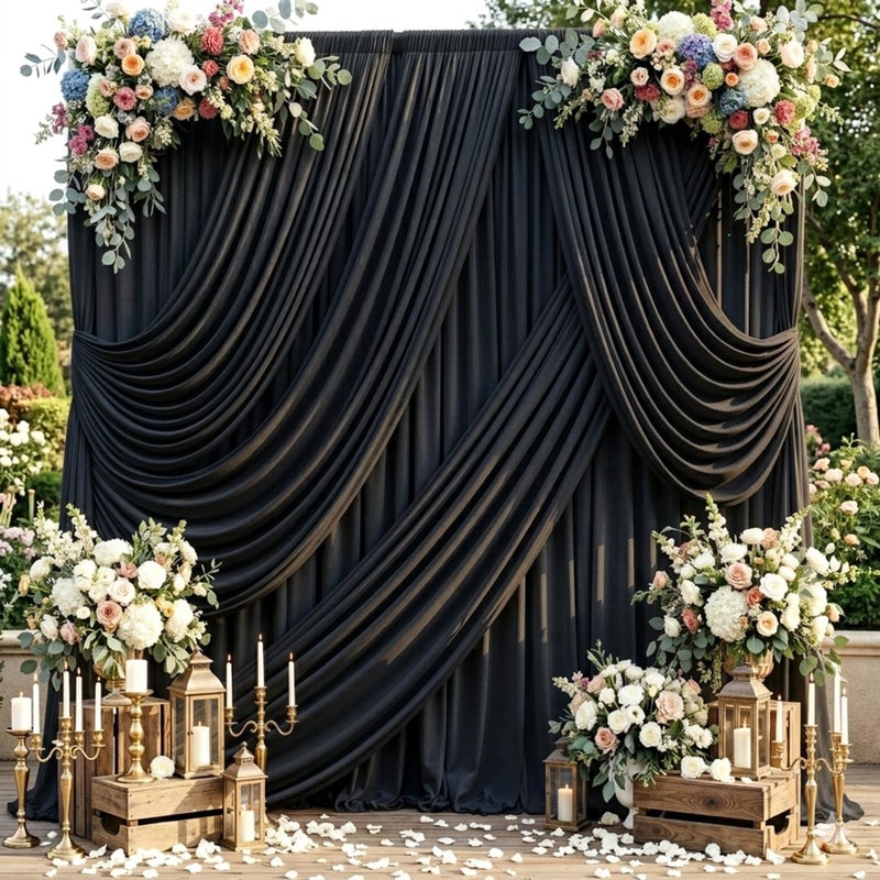 NSSONBEN 10ftx10ft Black Backdrop Curtains for Weddings Parties, Wrinkle Free 2 Panels Silky Polyester Photo Backdrop Drapes Back Drop Cloth Drapery for Birthday Mother'sDay Photography Background - Image 1