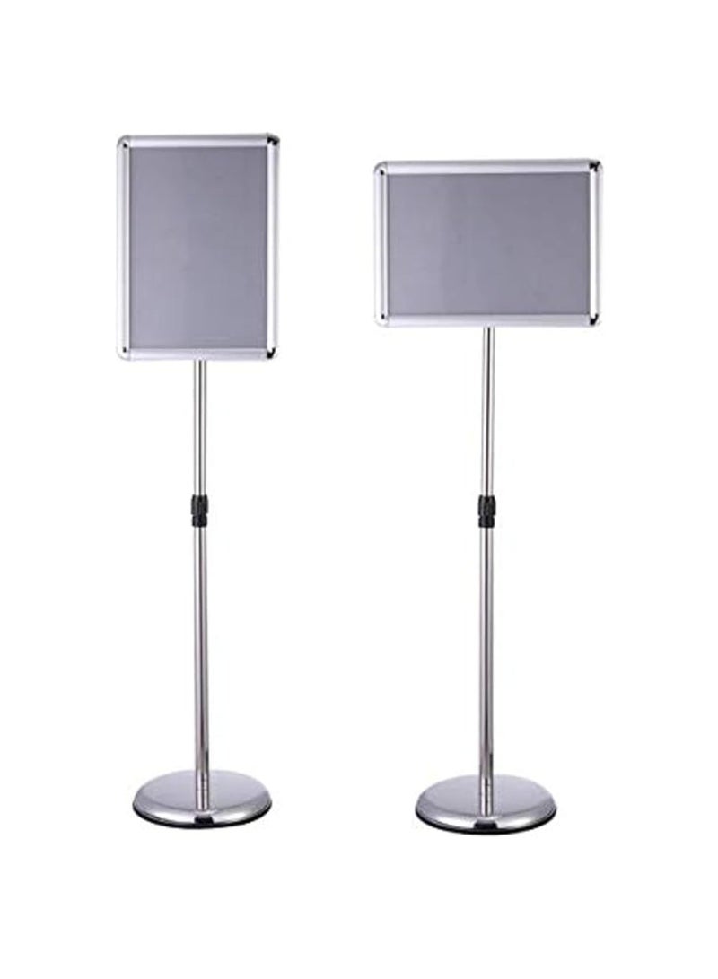 حامل لافتات A4 قابل للتعديل حامل ملصقات إطار ألومنيوم قابل للتغيير حامل إعلانات رف عرض أرضي مع زوايا أمان وقاعدة دائرية مستقرة (فضي، A4) - Image 1