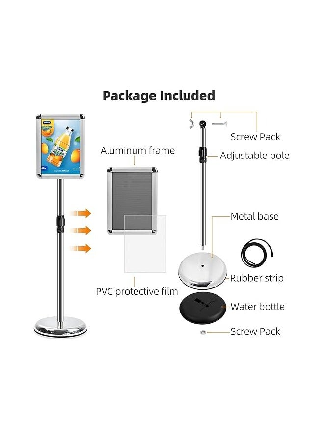 حامل لافتات A4 قابل للتعديل حامل ملصقات إطار ألومنيوم قابل للتغيير حامل إعلانات رف عرض أرضي مع زوايا أمان وقاعدة دائرية مستقرة (فضي، A4) - Image 4