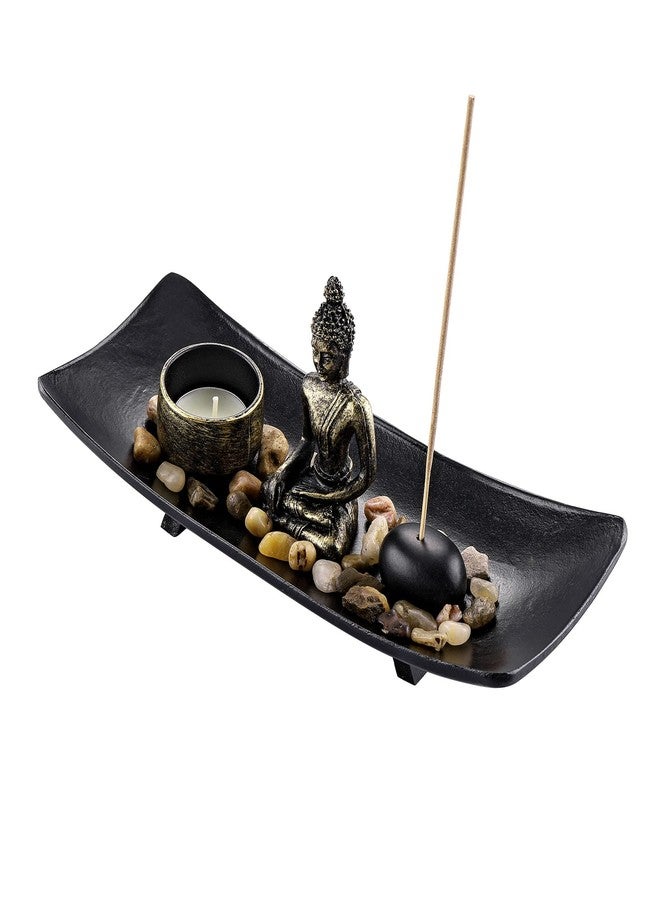 Jovivi Zen Garden Set Buddha Statue w/Tealight Candle Holder, Rocks & Incense Burner Holder & Wood Tray for Yoga Meditation Home Table Decor Gift - Image 3