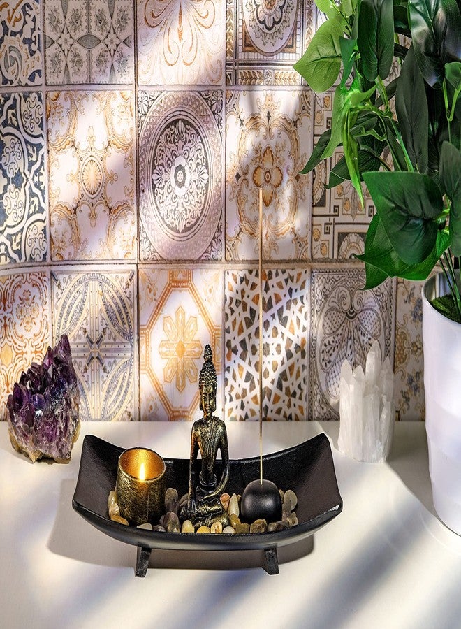 Jovivi Zen Garden Set Buddha Statue w/Tealight Candle Holder, Rocks & Incense Burner Holder & Wood Tray for Yoga Meditation Home Table Decor Gift - Image 2