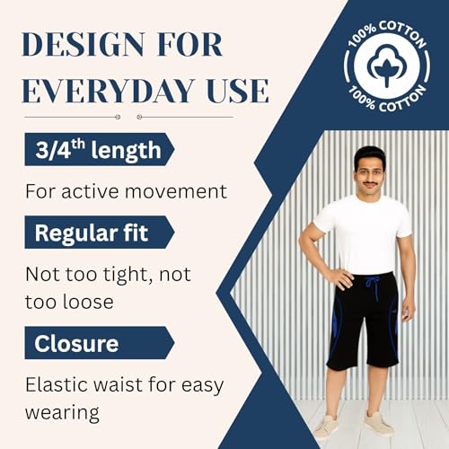 VEGO Mens Cotton Three by Fourth, 3/4, Capri, Three Quarter Pant Black Plus Size - (Black_M) - Image 3