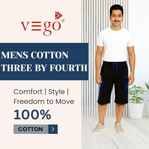 VEGO Mens Cotton Three by Fourth, 3/4, Capri, Three Quarter Pant Black Plus Size - (Black_M) - Image 2