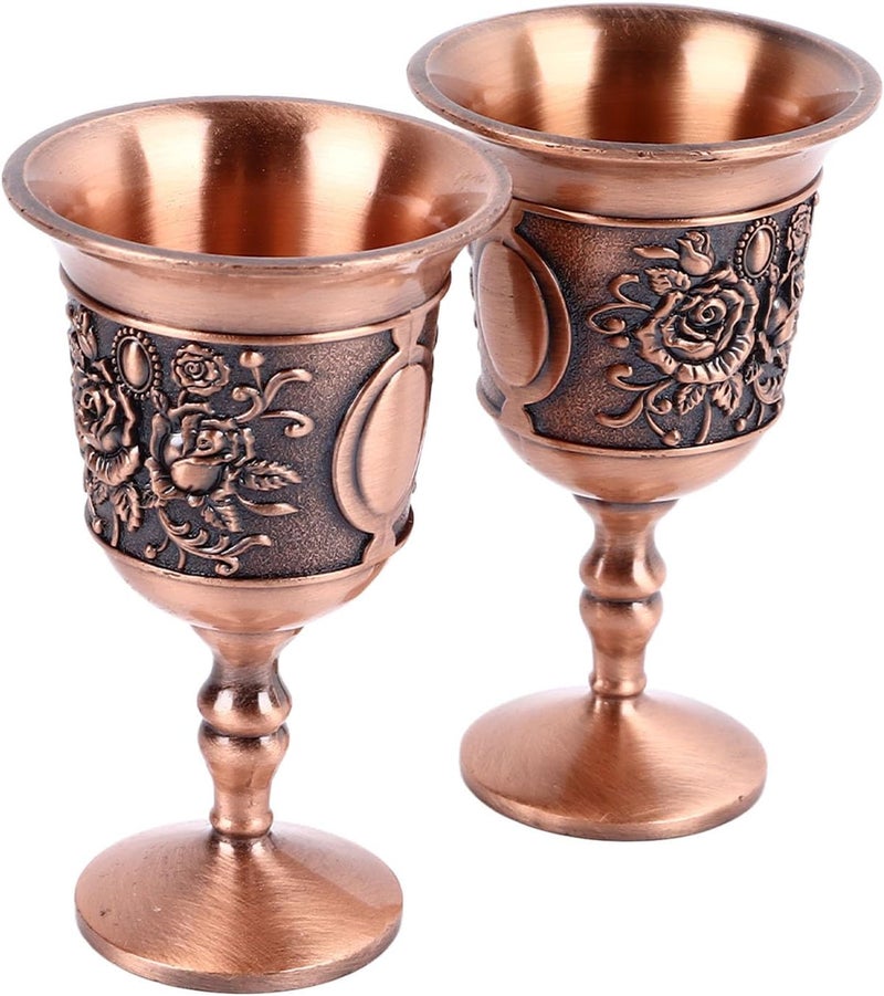 GLOGLOW Vintage Embossed Decorative Metal Wine Glass Set of 2, Zinc Alloy Retro Goblets for Home Bar, Perfect for Elegant Entertaining and Nostalgic Moments (Rose Gold) - Image 1