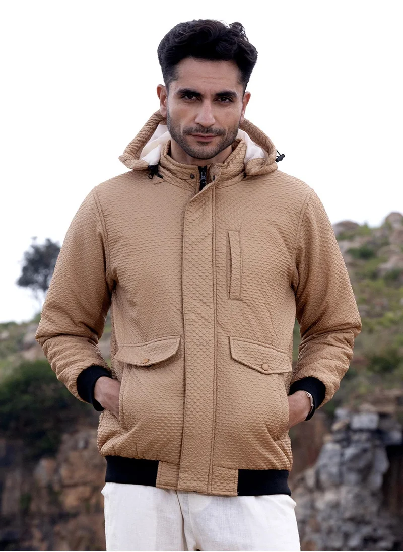 Campus Sutra Men's Beige Self-Design Diamond Puffer Jacket With Fleece Hood