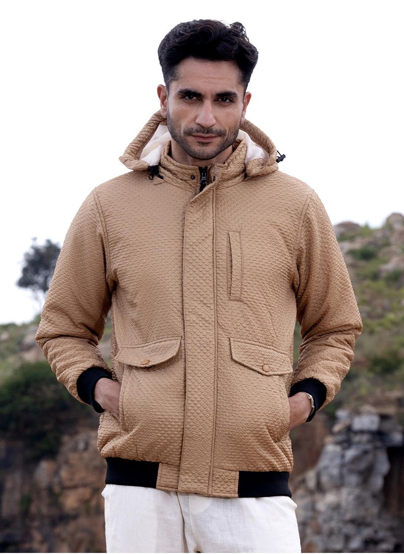Campus Sutra - Men's Beige Self-Design Diamond Puffer Jacket With Fleece Hood - Image 1