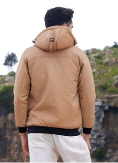 Campus Sutra Men's Beige Self-Design Diamond Puffer Jacket With Fleece Hood  - Image 5