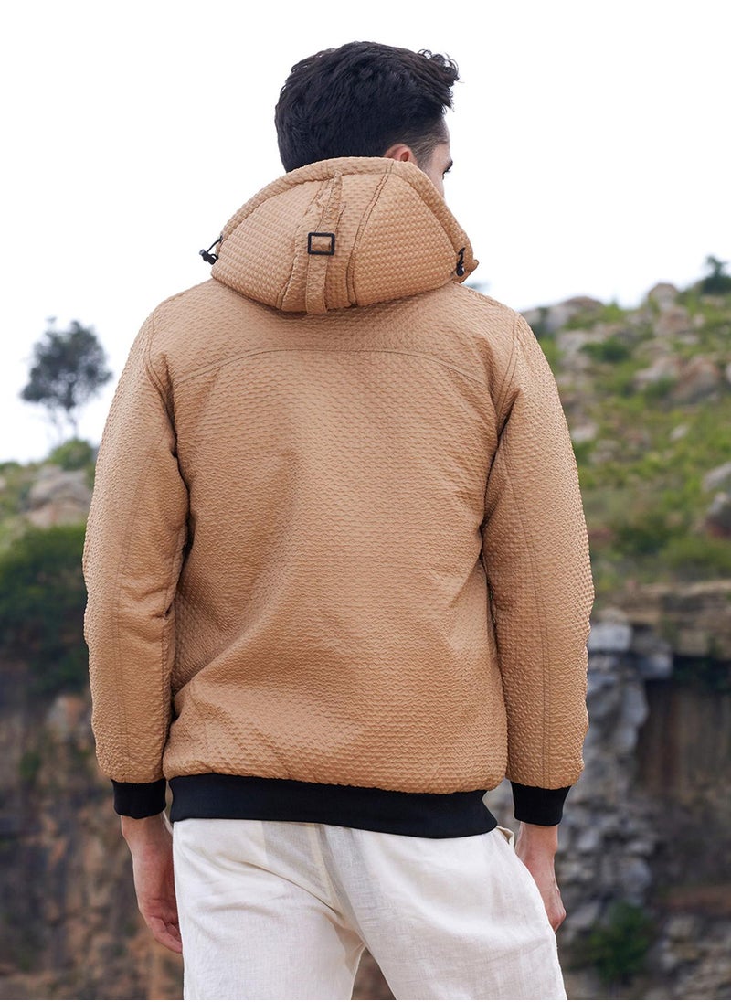 Campus Sutra - Men's Beige Self-Design Diamond Puffer Jacket With Fleece Hood - Image 1