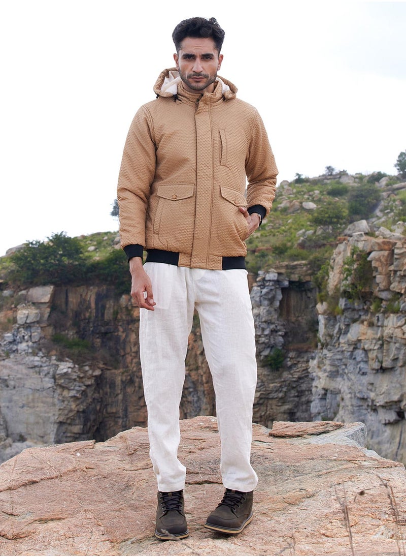 Campus Sutra - Men's Beige Self-Design Diamond Puffer Jacket With Fleece Hood - Image 1