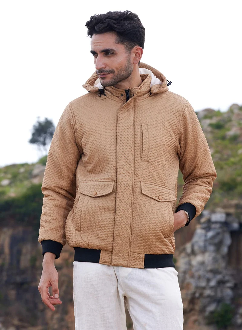 Campus Sutra Men's Beige Self-Design Diamond Puffer Jacket With Fleece Hood