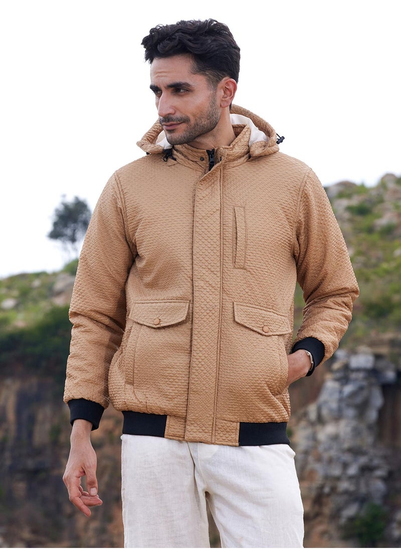 Campus Sutra - Men's Beige Self-Design Diamond Puffer Jacket With Fleece Hood - Image 1