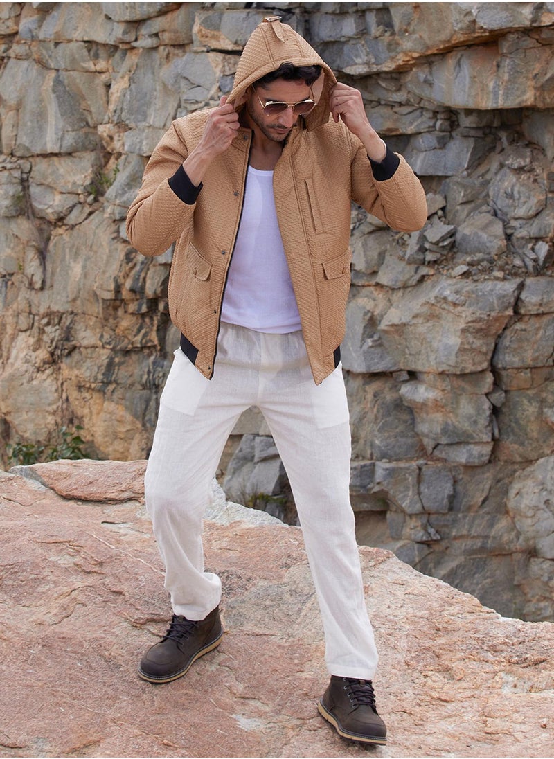 Campus Sutra - Men's Beige Self-Design Diamond Puffer Jacket With Fleece Hood - Image 1