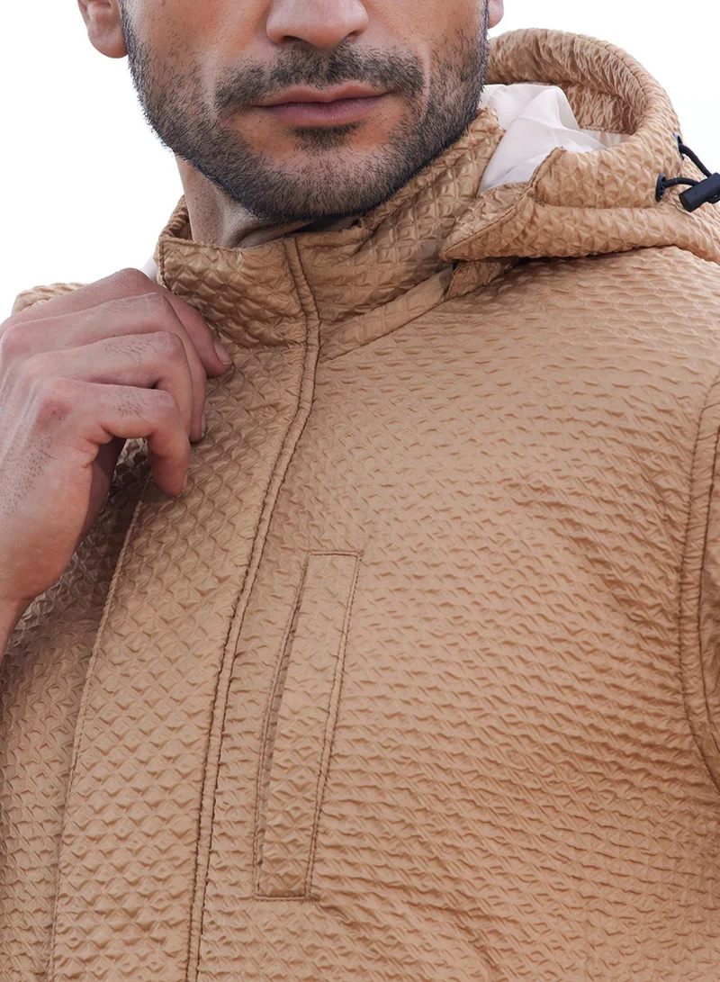 Campus Sutra Men's Beige Self-Design Diamond Puffer Jacket With Fleece Hood